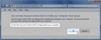 Uncheck "Use User Account Control (UAC) to help protect computer"